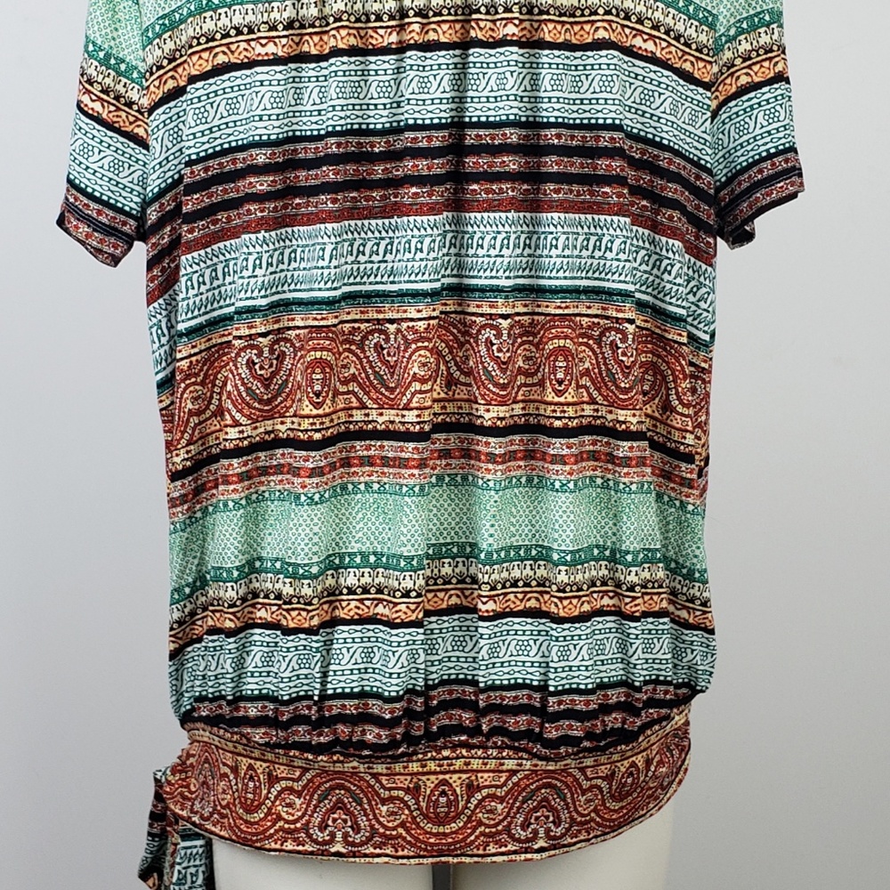 Cato Top size Large Green Pink Stripe Wrap Blouse - Picture 3 of 7